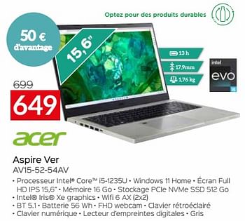 Promotions Acer aspire ver av15-52-54av - Acer - Valide de 03/01/2024 à 31/01/2024 chez Selexion