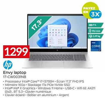 Promotions Hp envy laptop 17-cw0031nb - HP - Valide de 03/01/2024 à 31/01/2024 chez Selexion