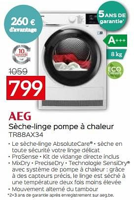 Promotions Aeg sèche-linge pompe à chaleur tr88ax34 - AEG - Valide de 03/01/2024 à 31/01/2024 chez Selexion