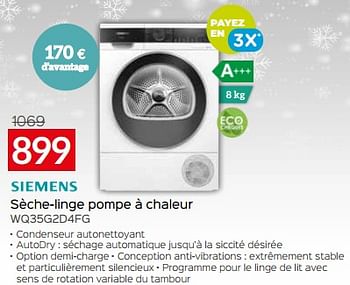 Promotions Siemens sèche-linge pompe à chaleur wq35g2d4fg - Siemens - Valide de 03/01/2024 à 31/01/2024 chez Selexion