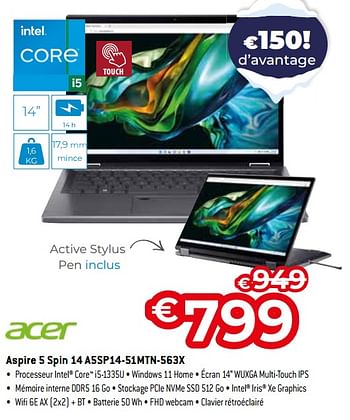 Promotions Acer aspire 5 spin 14 a5sp14-51mtn-563x - Acer - Valide de 03/01/2024 à 31/01/2024 chez Exellent