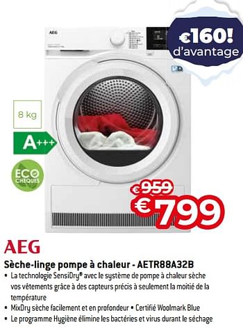 Promotions Aeg sèche-linge pompe à chaleur - aetr88a32b - AEG - Valide de 03/01/2024 à 31/01/2024 chez Exellent