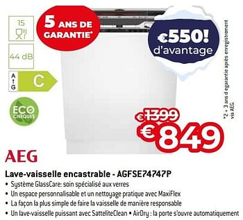 Promotions Aeg lave-vaisselle encastrable - agfse74747p - AEG - Valide de 03/01/2024 à 31/01/2024 chez Exellent