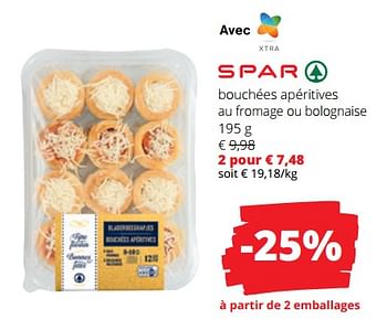 Promoties Bouchées apéritives au fromage ou bolognaise - Spar - Geldig van 04/01/2024 tot 17/01/2024 bij Spar (Colruytgroup)