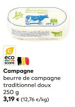 Promotions Campagne beurre de campagne traditionnel doux - Campagne - Valide de 03/01/2024 à 30/01/2024 chez Bioplanet