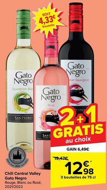 Promotions Chili central valley gato negro rouge, blanc ou rosé, 2021-2022 - Vins rouges - Valide de 10/01/2024 à 16/01/2024 chez Carrefour