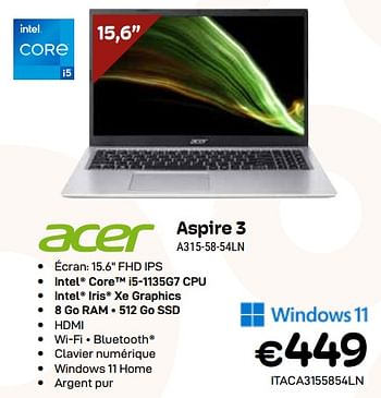 Promotions Acer aspire 3 a315-58-54ln - Acer - Valide de 03/01/2024 à 31/01/2024 chez Compudeals