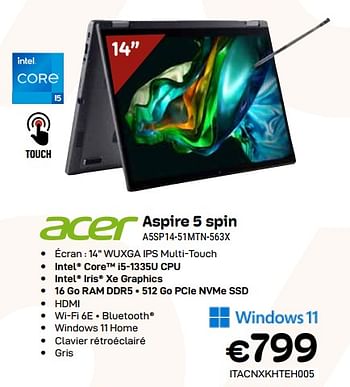 Promotions Acer aspire 5 spin a5sp14-51mtn-563x - Acer - Valide de 03/01/2024 à 31/01/2024 chez Compudeals