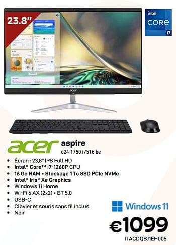 Promotions Acer aspire c24-1750 i7516 be - Acer - Valide de 03/01/2024 à 31/01/2024 chez Compudeals