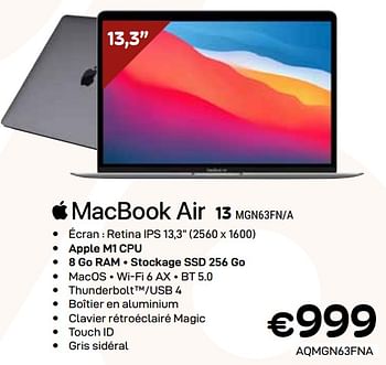 Promotions Apple macbook air 13 mgn63fn-a - Apple - Valide de 03/01/2024 à 31/01/2024 chez Compudeals