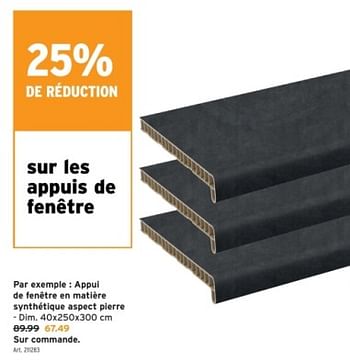 Promotions Appui de fenêtre en matière synthétique aspect pierre - Produit maison - Gamma - Valide de 10/01/2024 à 16/01/2024 chez Gamma