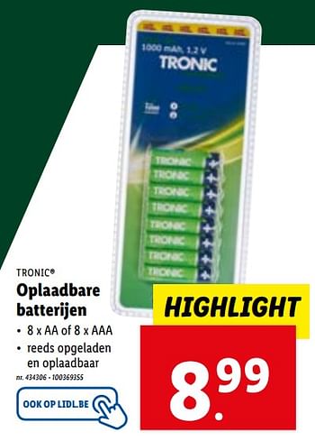 Promoties Oplaadbare batterijen - Tronic - Geldig van 17/01/2024 tot 23/01/2024 bij Lidl