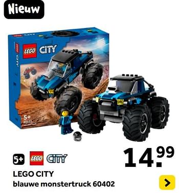 Promoties Lego city blauwe monstertruck 60402 - Lego - Geldig van 01/01/2024 tot 28/01/2024 bij Intertoys