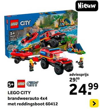 Promoties Lego city brandweerauto 4x4 met reddingsboot 60412 - Lego - Geldig van 01/01/2024 tot 28/01/2024 bij Intertoys