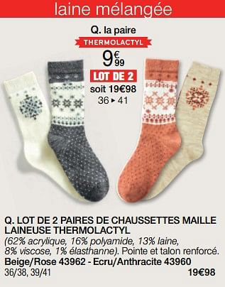 Promoties Lot de 2 paires de chaussettes maille laineuse thermolactyl - Huismerk - Damart - Geldig van 02/01/2024 tot 30/06/2024 bij Damart