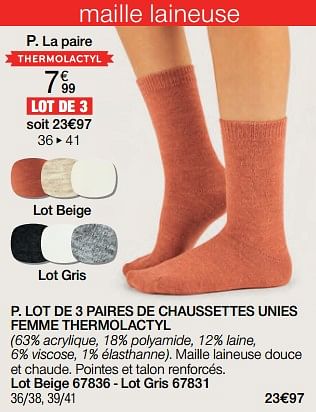 Promoties Lot de 3 paires de chaussettes unies femme thermolactyl - Huismerk - Damart - Geldig van 02/01/2024 tot 30/06/2024 bij Damart