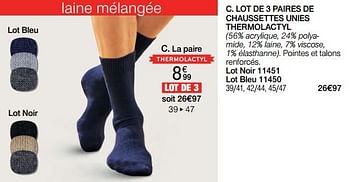 Promotions Lot de 3 paires de chaussettes unies thermolactyl - Produit Maison - Damart - Valide de 02/01/2024 à 30/06/2024 chez Damart