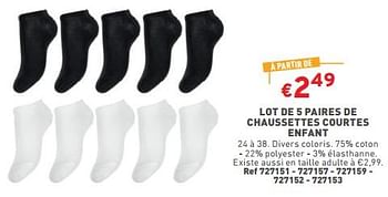 Promotions Lot de 5 paires de chaussettes courtes enfant - Produit maison - Trafic  - Valide de 24/01/2024 à 29/01/2024 chez Trafic