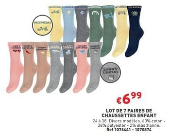 Promotions Lot de 7 paires de chaussettes enfant - Produit maison - Trafic  - Valide de 24/01/2024 à 29/01/2024 chez Trafic
