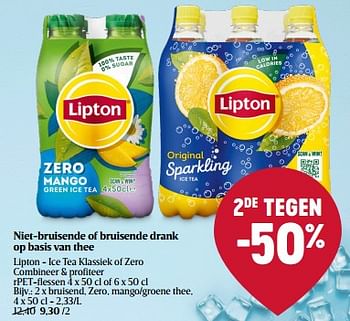 Promoties Bruisend, zero, mango-groene thee - Lipton - Geldig van 18/01/2024 tot 24/01/2024 bij Delhaize