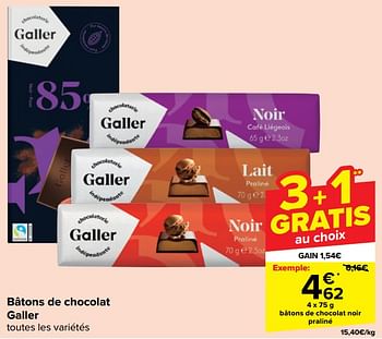 Promotions Bâtons de chocolat noir praliné - Galler - Valide de 17/01/2024 à 23/01/2024 chez Carrefour