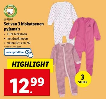 Promoties Set van 3 biokatoenen pyjama‘s - Lupilu - Geldig van 24/01/2024 tot 30/01/2024 bij Lidl