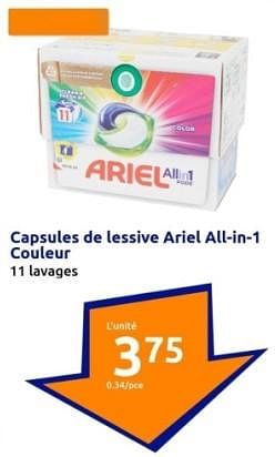 Promoties Capsules de lessive ariel all-in-1 couleur - Ariel - Geldig van 17/01/2024 tot 23/01/2024 bij Action