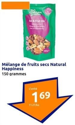 Promotions Mélange de fruits secs natural happiness - Natural Happiness - Valide de 17/01/2024 à 23/01/2024 chez Action