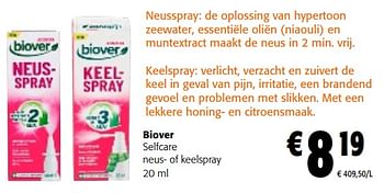 Promotions Biover selfcare neus- of keelspray - Biover - Valide de 17/01/2024 à 30/01/2024 chez Colruyt