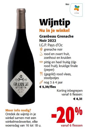 Promoties Granbeau grenache noir 2022 i.g.p. pays d’oc - Rode wijnen - Geldig van 17/01/2024 tot 30/01/2024 bij Colruyt