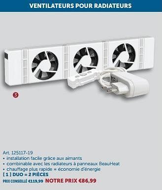 Promotions Beauheat ventilateurs pour radiateurs duo - Beauheat - Valide de 23/01/2024 à 26/02/2024 chez Zelfbouwmarkt