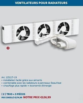 Promotions Beauheat ventilateurs pour radiateurs trio - Beauheat - Valide de 23/01/2024 à 26/02/2024 chez Zelfbouwmarkt