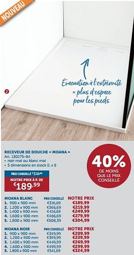 Promotions Receveur de douche moana - Mio Bagno - Valide de 23/01/2024 à 26/02/2024 chez Zelfbouwmarkt