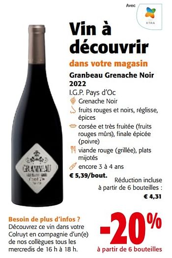 Promotions Granbeau grenache noir 2022 i.g.p. pays d’oc - Vins rouges - Valide de 17/01/2024 à 30/01/2024 chez Colruyt