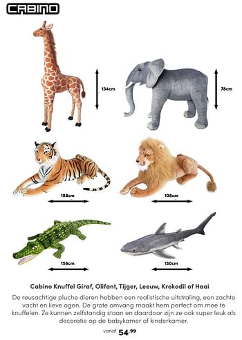 Promoties Cabino knuffel giraf, olifant, tijger, leeuw, krokodil of haai - Cabino - Geldig van 21/01/2024 tot 03/02/2024 bij Baby & Tiener Megastore