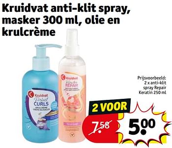 Promoties Anti-klit spray repair keratin - Huismerk - Kruidvat - Geldig van 23/01/2024 tot 28/01/2024 bij Kruidvat