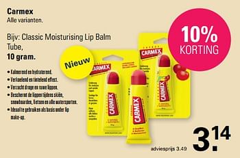 Promotions Classic moisturising lip balm tube - Carmex - Valide de 10/01/2024 à 27/01/2024 chez De Online Drogist