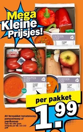 Promotions Ah verspakket tomatensoep, pompoensoep of paprikasoep - Produit Maison - Albert Heijn - Valide de 22/01/2024 à 28/01/2024 chez Albert Heijn