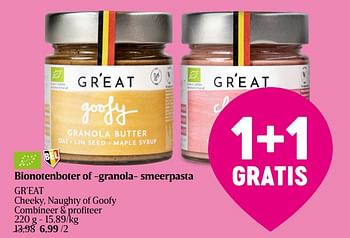 Promoties Bionotenboter of -granola- smeerpasta gr’eat - Great - Geldig van 25/01/2024 tot 31/01/2024 bij Delhaize