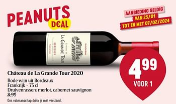 Promoties Château de la grande tour 2020 rode wijn uit bordeaux frankrijk - Rode wijnen - Geldig van 25/01/2024 tot 31/01/2024 bij Delhaize