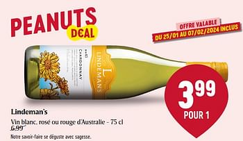 Promotions Lindeman’s vin blanc, rosé ou rouge d’australie - Vins blancs - Valide de 25/01/2024 à 31/01/2024 chez Delhaize