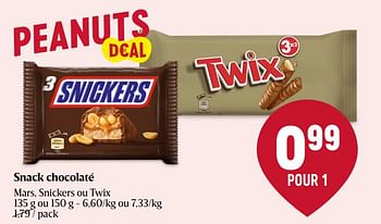 Promotions Snack chocolaté mars, snickers ou twix - Produit Maison - Delhaize - Valide de 25/01/2024 à 31/01/2024 chez Delhaize