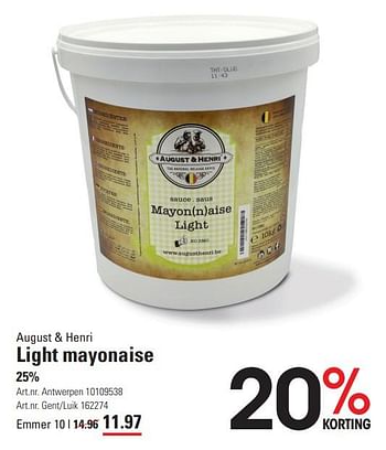 Promoties August + henri light mayonaise - August & henri - Geldig van 25/01/2024 tot 19/02/2024 bij Sligro