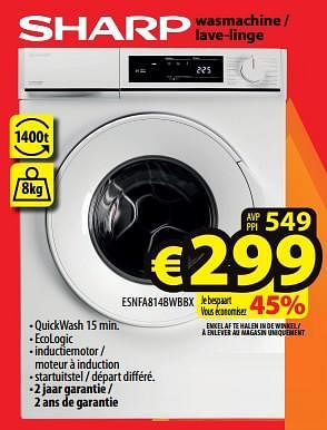Promoties Sharp wasmachine - lave-linge esnfa814bwbbx - Sharp - Geldig van 24/01/2024 tot 31/01/2024 bij ElectroStock