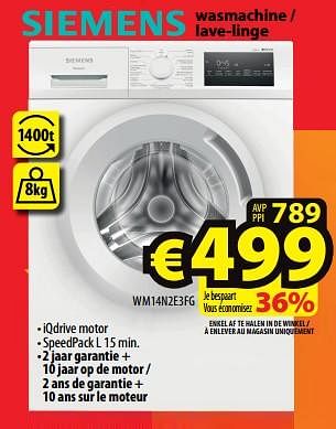Promotions Siemens wasmachine - lave-linge wm14n2e3fg - Siemens - Valide de 24/01/2024 à 31/01/2024 chez ElectroStock