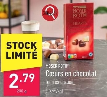 Promotions Coeurs en chocolat fourrés praliné - Moser Roth - Valide de 29/01/2024 à 03/02/2024 chez Aldi