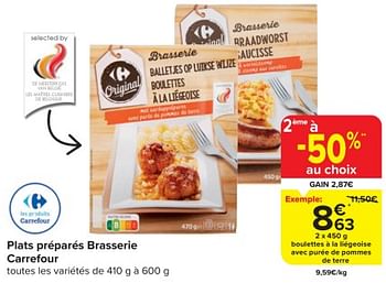 Promotions Boulettes à la liégeoise avec purée de pommes de terre - Produit maison - Carrefour  - Valide de 17/01/2024 à 29/01/2024 chez Carrefour