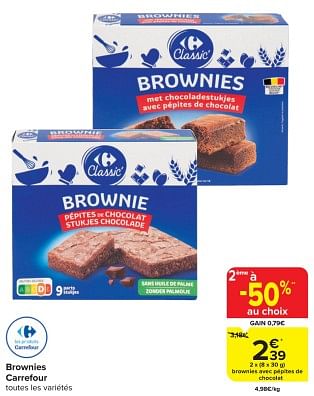 Promotions Brownies avec pépites de chocolat - Produit maison - Carrefour  - Valide de 17/01/2024 à 29/01/2024 chez Carrefour