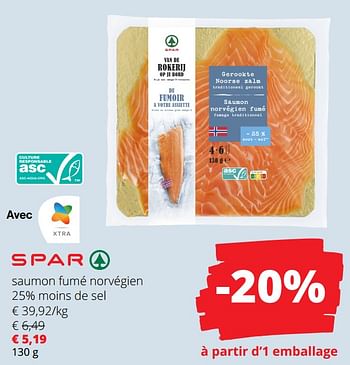 Promotions Saumon fumé norvégien 25% moins de sel - Spar - Valide de 01/02/2024 à 14/02/2024 chez Spar (Colruytgroup)