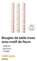 Promoties Bougies de table roses avec motif de fleurs - Huismerk - Ava - Geldig van 29/01/2024 tot 31/07/2024 bij Ava